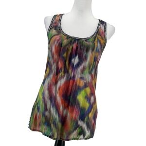 Trina Turk Tank Top Women's P 0 XS Silk Blend Festival Rainbow‎ Tie Dye Artsy